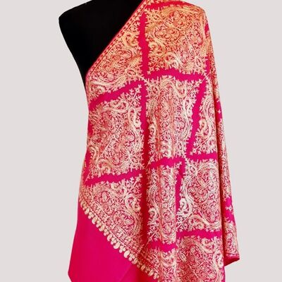 Elegante sciarpa ricamata in pashmina in cashmere rosa magenta fatta a mano / CAEMB00023