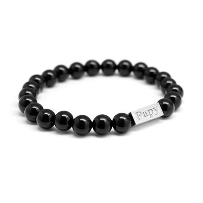 Men's black agate bead bracelet - PAPY engraving