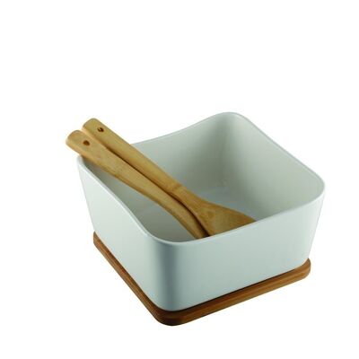 PORCELAIN AND BAMBOO SALAD BOWL WITH CUTLERY