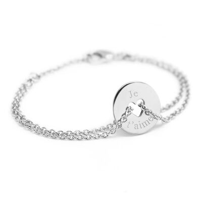 Bracciale da donna in argento 925 con catena a gettoni mini cuore - incisione JE T'AIME