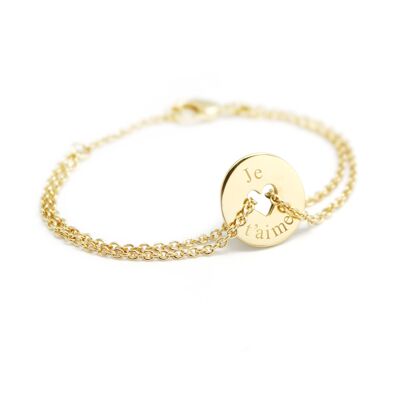 Women's gold-plated mini heart token chain bracelet - JE T'AIME engraving