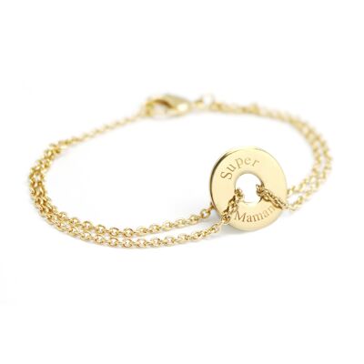 Women's gold-plated mini token chain bracelet - SUPER MAMAN engraving