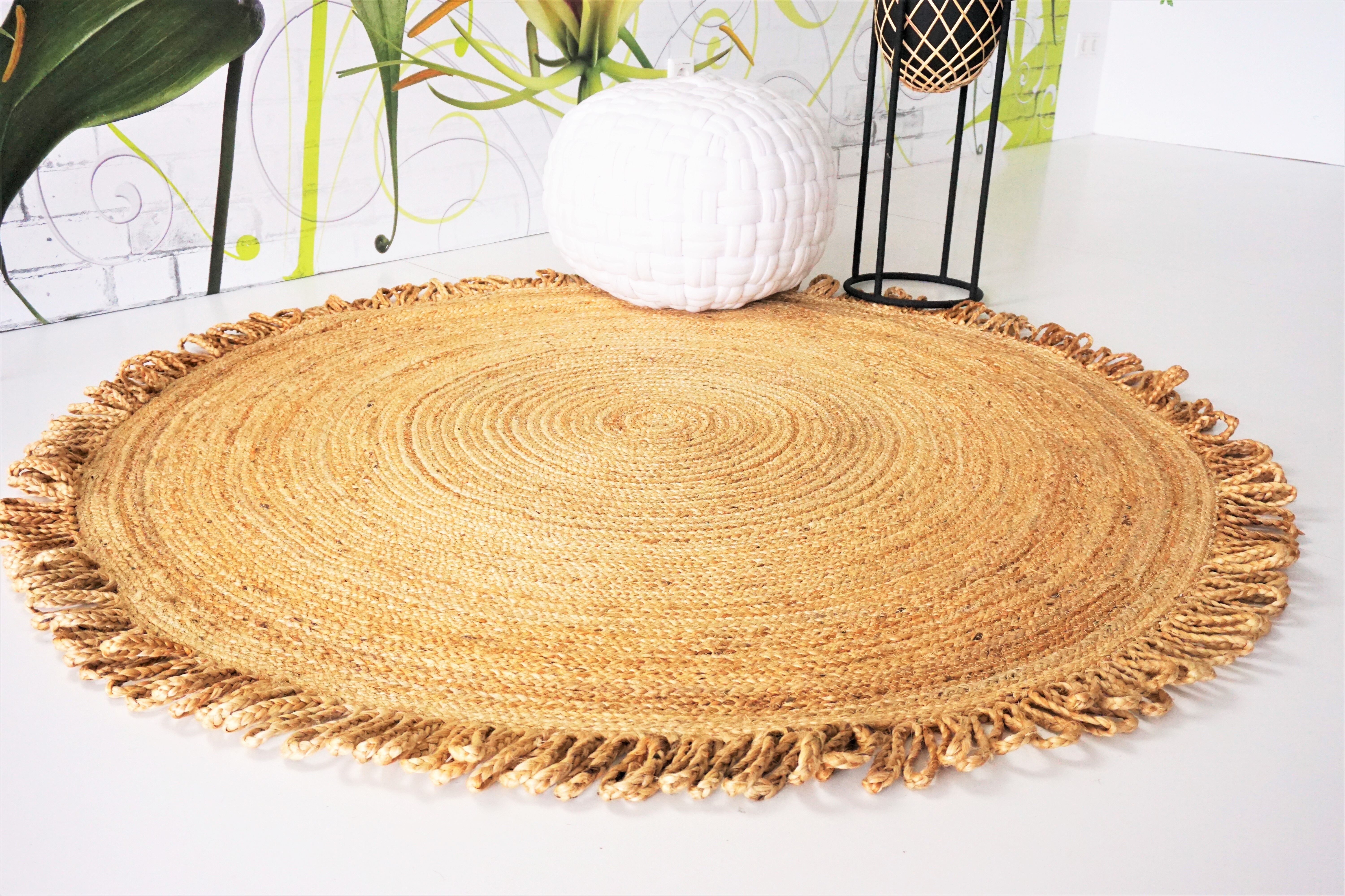 Tappeto rotondo intrecciato in iuta naturale, Tappeto in iuta Boho da 150 cm,