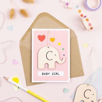 Nueva tarjeta de bebé niña, recuerdo de elefante