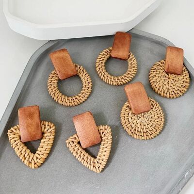 Hot Selling Wooden Round Rattan Bohemian Geometric Earrings