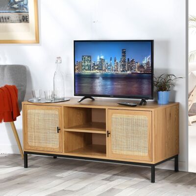 2-Door TV Cabinet with Rattan Caning and 2 Niches - L120cm