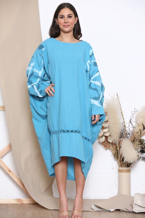 Blue linen dress with patterned sleeves