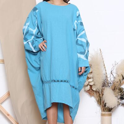 Blue linen dress with patterned sleeves