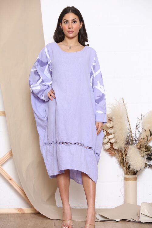 Lilac linen dress with pattterned sleeves