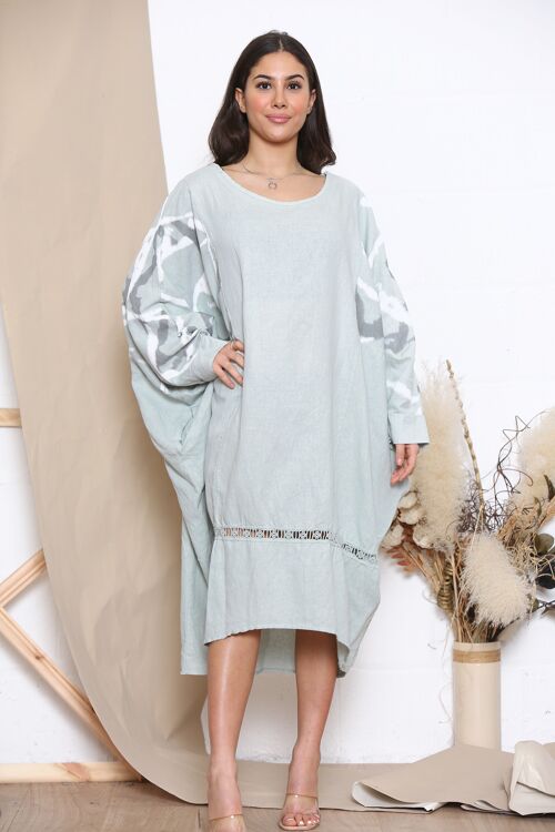 Mint linen dress with patterned sleeves