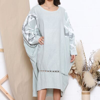 Mint linen dress with patterned sleeves