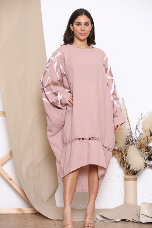 Pink linen dress with patterned sleeves