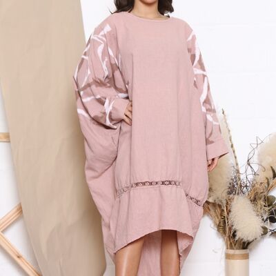 Pink linen dress with patterned sleeves