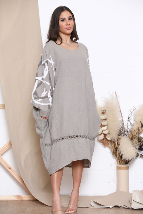 Taupe linen dress with patterned sleeves