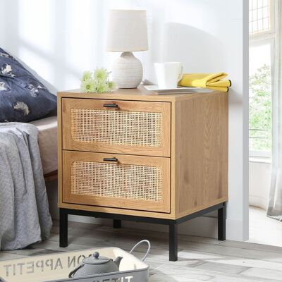2 Drawer Bedside Table with Rattan Caning - H51cm