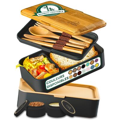 Bento Lunch Box 1.2L All Inclusive, 4 place settings, Black & Bamboo, Real Bamboo Lid, Leakproof, 2 sauce pots, UMAMI Bento Box Adult, Mother's/Father's Day