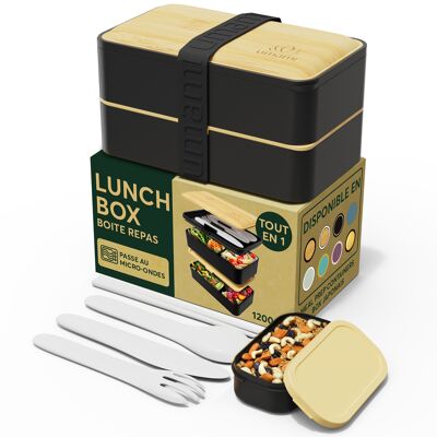 Lunch Box Umami Bento, posate e contenitori per salse inclusi, Lunch Box a prova di perdite, Lunch Box adatto al microonde, Lunch Box per adulti a scomparti, nero e bambù, 1200 ml