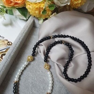 Bracelet et Colliers 2 en 1 Onyx noir, perles acryliques et hématite.