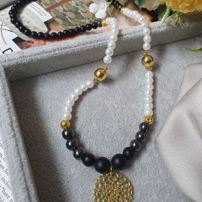 Bracelet et Colliers 2 en 1 Onyx mat, perles acryliques