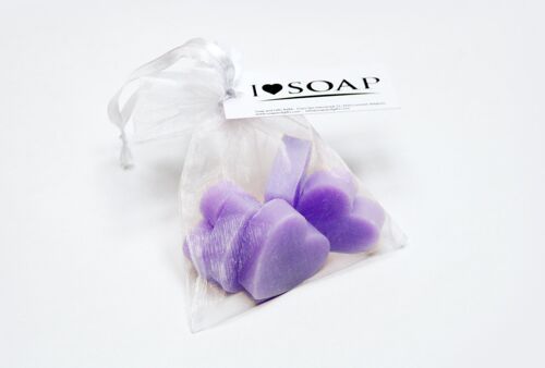 I Love Soap' 5 x soap hearts in organza 'Lavender Fields'