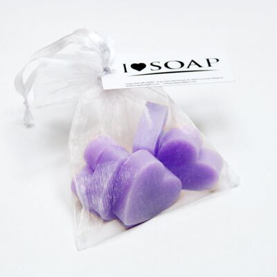 I Love Soap' 5 x soap hearts in organza 'Lavender Fields'