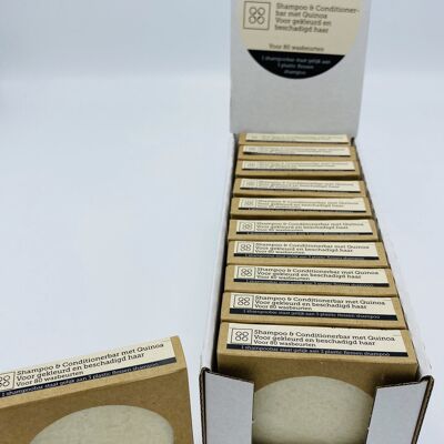 Cardboard display with 11 x 70g shampoo and conditioner bars with Quinoa