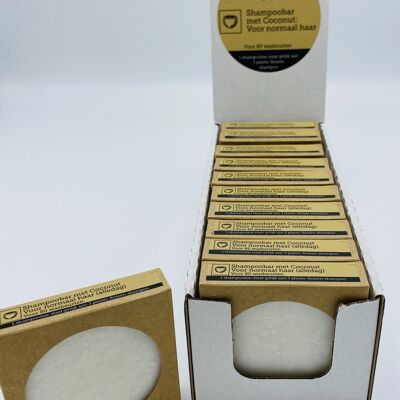 Cardboard display with 11 x 70g shampoo bars with Coconut