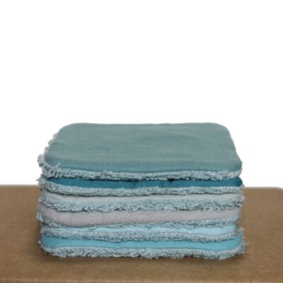 Juego de 6 toallitas lavables en esponja orgánica degradada azul.