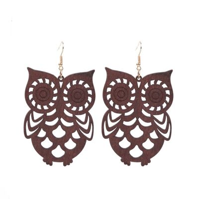 Popular ethnic style natural wooden owl pendant earrings