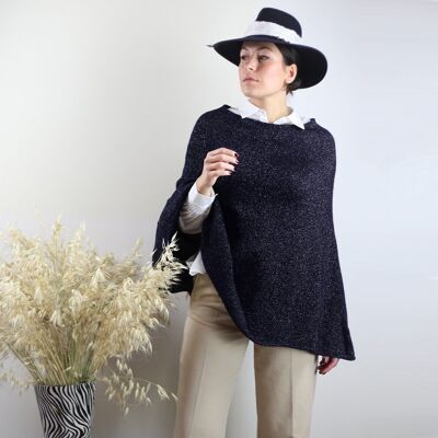Navy sequined women's poncho in wool and cashmere