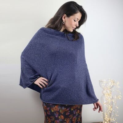 Women's blue denim poncho with sequins in wool and cashmere