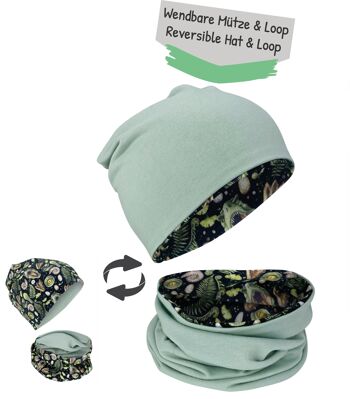 Kids T-Rex Dinosaur Girls Boys Beanie Hat & Loop Scarf Set - Bonnet réversible et écharpe réversible - 2-8 ans - 95% coton - matériau extensible doux et facile d'entretien 3