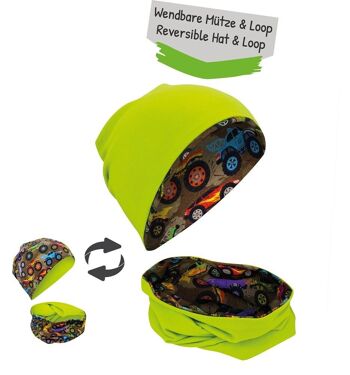 Ensemble bonnet et écharpe à boucles pour enfants garçons filles - pour le printemps, l'été, l'automne et l'hiver - Chapeau Monster Truck réversible - 2 à 8 ans - 95% coton - matériau extensible doux et facile d'entretien 2