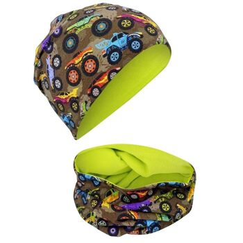 Ensemble bonnet et écharpe à boucles pour enfants garçons filles - pour le printemps, l'été, l'automne et l'hiver - Chapeau Monster Truck réversible - 2 à 8 ans - 95% coton - matériau extensible doux et facile d'entretien 6