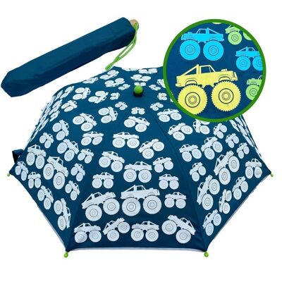 Magic kids boys umbrella Monster Truck Car - changes color when it rains - folding umbrella: fits in any school bag - with reflective strips on all sides - wooden handle, protective caps & protective cover