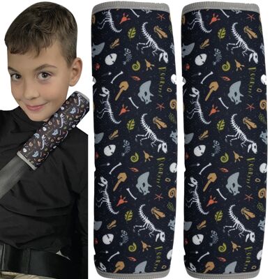 2x children's car seat belt pads with dinosaur dino skeleton motif - seat belt pads for children and babies - ideal for any car seat booster belt, children's bicycle trailer, airplane