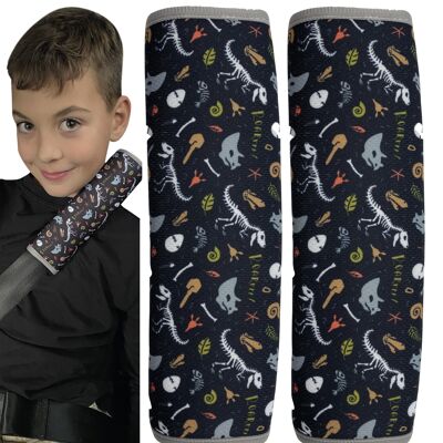2x children's car seat belt pads with dinosaur dino skeleton motif - seat belt pads for children and babies - ideal for any car seat booster belt, children's bicycle trailer, airplane