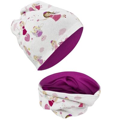 Children's girls' beanie hat & loop scarf set with fairy motif - reversible hat or winter hat with fleece fleece - 2-8 years - 95% cotton - soft and easy-care stretch material spring summer autumn