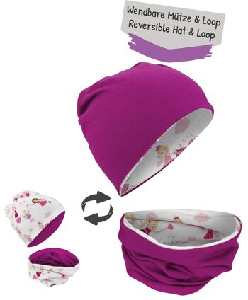 Ensemble bonnet et écharpe à boucle pour fille enfant avec motif féerique - bonnet ou bonnet d'hiver réversible avec polaire polaire - 2-8 ans - 95% coton - matière stretch douce et facile d'entretien printemps été automne 3