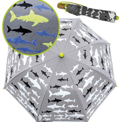 Magic Kinder Jungen Regenschirm Hai – wechselt bei Regen die Farbe – Faltregenschirm: passt in jeden Schulranzen – mit Reflektorstreifen an allen Seiten – Holzgriff, Schutzkappen & Schutzhülle
