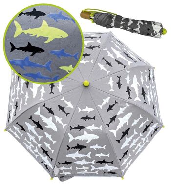 Parapluie Magic kids garçons requin - change de couleur lorsqu'il pleut - parapluie pliant : se glisse dans n'importe quel sac - avec bandes réfléchissantes sur tous les côtés - manche en bois, capuchons de protection & housse de protection 1