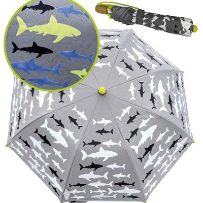 Parapluie Magic kids garçons requin - change de couleur lorsqu'il pleut - parapluie pliant : se glisse dans n'importe quel sac - avec bandes réfléchissantes sur tous les côtés - manche en bois, capuchons de protection & housse de protection
