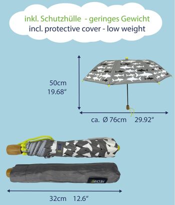 Parapluie Magic kids garçons requin - change de couleur lorsqu'il pleut - parapluie pliant : se glisse dans n'importe quel sac - avec bandes réfléchissantes sur tous les côtés - manche en bois, capuchons de protection & housse de protection 3