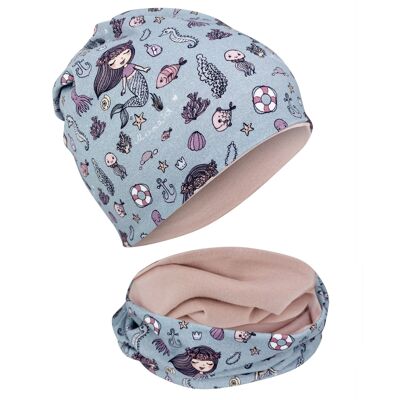 HECKBO kids boys girls beanie hat & loop scarf set - mermaid - reversible hat - spring summer autumn - 2-8 years - 95% cotton - soft, easy-care stretch material for cool kids...