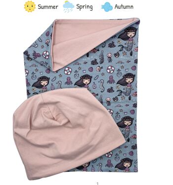 Ensemble bonnet et écharpe boucle HECKBO enfants garçons filles - sirène - bonnet réversible - printemps été automne - 2-8 ans - 95% coton - matière stretch douce et facile d'entretien pour les enfants cool... 2