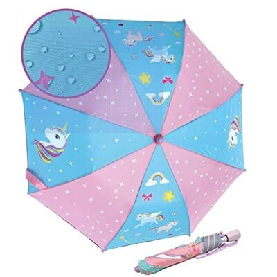 Ombrello Magic Kids Boys unicorno - cambia colore quando piove - ombrello pieghevole: si adatta a qualsiasi borsa - con strisce riflettenti su tutti i lati - manico in legno, cappucci protettivi e custodia protettiva