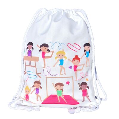 Girls gym bag, ballet bag cotton - white, printed on both sides with colorful gymnasts, 40x30cm, also suitable for gymnastics lessons, kindergarten, crèche, travel - girls gym bag