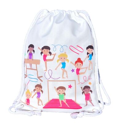 Sac de sport pour filles, sac de danse en coton - blanc, imprimé des deux côtés avec des gymnastes colorées, 40x30cm, convient également aux cours de gymnastique, à la maternelle, à la crèche, aux voyages - sac de sport pour filles