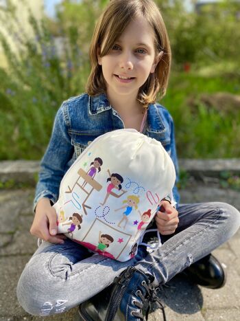 Sac de sport pour filles, sac de danse en coton - blanc, imprimé des deux côtés avec des gymnastes colorées, 40x30cm, convient également aux cours de gymnastique, à la maternelle, à la crèche, aux voyages - sac de sport pour filles 5