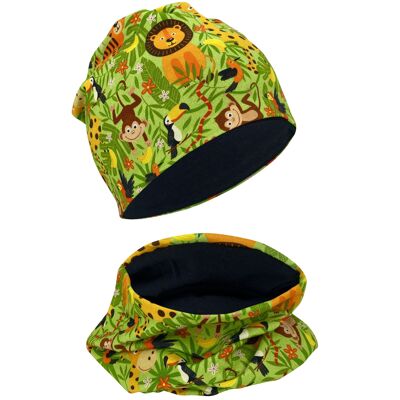 Kids Boys Girls Beanie Hat & Loop Scarf Set - Jungle Jungle - Reversible Hat - Spring Summer Autumn - 2-8 Years - 95% Cotton - Soft, Easy-Care Stretch Material - Cool Kids